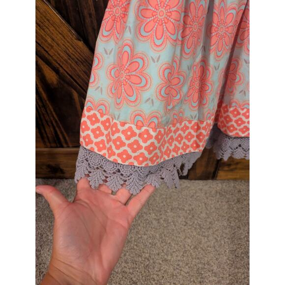 Counting Daisies Girls Sz 4t gray & coral stripes bow floral lace trim dress GUC - Picture 4 of 6